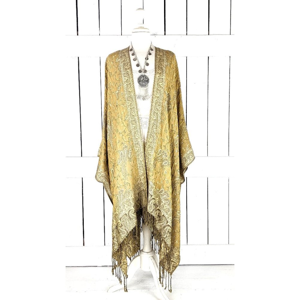 Gold beige paisley pashmina kimono cover up cardigan jacket